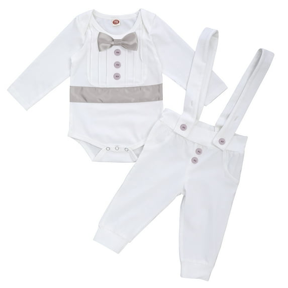 IBTOM CASTLE Baby Boys Baptism Christening Outfit Bowtie Romper Suspender Pants Birthday Wedding Party Tuxedo Formal Suit Ring Bearer Clothes Set 6-12 Months Gray - Long Sleeve