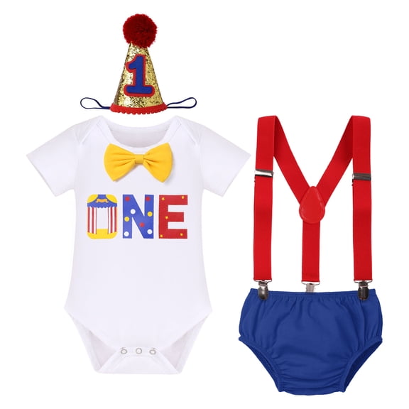IBTOM CASTLE Baby Boys Circus Watermelon First Birthday Outfit Bowtie Romper   Diaper Cover Pants   Suspenders   Headband Clothes Set for Cake Smash Photo Prop, 4-Piece
