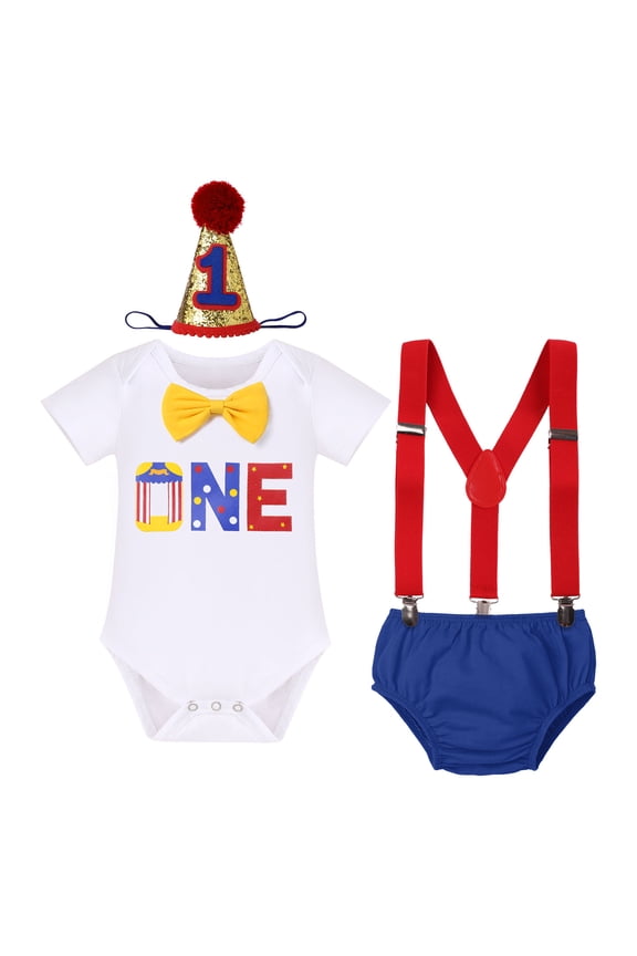 Baby Boys Circus Watermelon First Birthday Outfit Bowtie Romper + Diaper Cover Pants + Suspenders + Headband Clothes Set for Cake Smash Photo Prop, 4-Piece