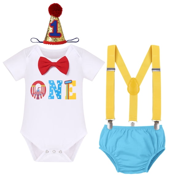 IBTOM CASTLE Baby Boys Circus Watermelon First Birthday Outfit Bowtie Romper   Diaper Cover Pants   Suspenders   Headband Clothes Set for Cake Smash Photo Prop, 4-Piece