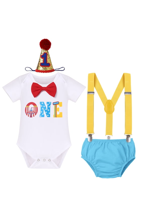 Baby Boys Circus Watermelon First Birthday Outfit Bowtie Romper + Diaper Cover Pants + Suspenders + Headband Clothes Set for Cake Smash Photo Prop, 4-Piece