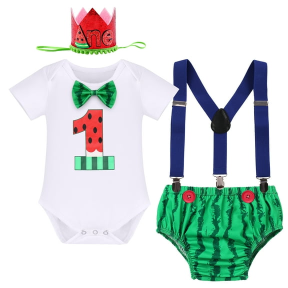 IBTOM CASTLE Baby Boys Circus Watermelon First Birthday Outfit Bowtie Romper   Diaper Cover Pants   Suspenders   Headband Clothes Set for Cake Smash Photo Prop, 4-Piece