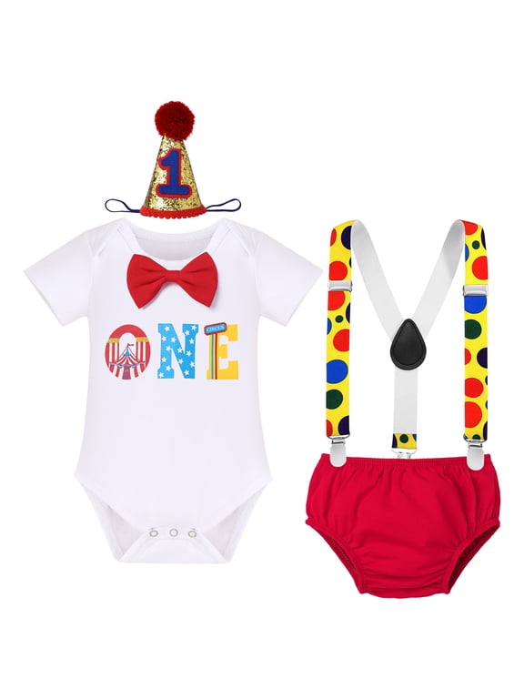 Baby Boys Circus Watermelon First Birthday Outfit Bowtie Romper + Diaper Cover Pants + Suspenders + Headband Clothes Set for Cake Smash Photo Prop, 4-Piece