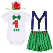 IBTOM CASTLE Baby Boys Circus Watermelon First Birthday Outfit Bowtie Romper + Diaper Cover Pants + Suspenders + Headband Clothes Set for Cake Smash Photo Prop, 4-Piece