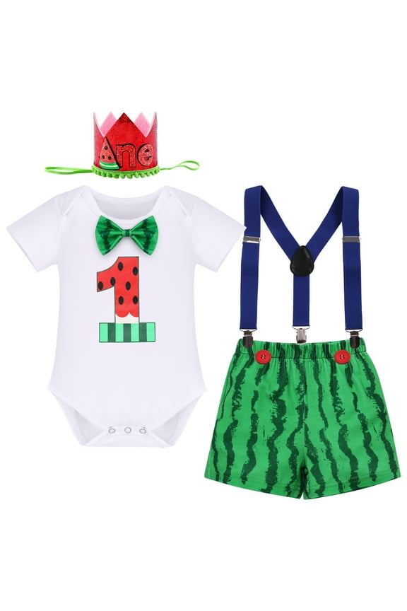 Baby Boys Circus Watermelon First Birthday Outfit Bowtie Romper + Diaper Cover Pants + Suspenders + Headband Clothes Set for Cake Smash Photo Prop, 4-Piece