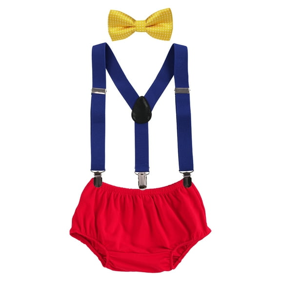 IBTOM CASTLE Baby Boys 1st Birthday Cake Smash Outfit Bloomers Diaper Cover Pants + Suspenders + Bow Tie Casual Clothes Set