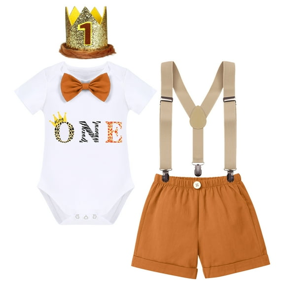 IBTOM CASTLE Baby Boys First 1st Birthday Outfit Bow Tie Romper Short Pants and Suspenders & Headband Clothes Set, 4-Piece, 12 Months