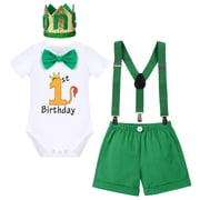 IBTOM CASTLE Baby Boys First 1st Birthday Outfit Bow Tie Romper Short Pants and Suspenders & Headband Clothes Set, 4-Piece, 12 Months