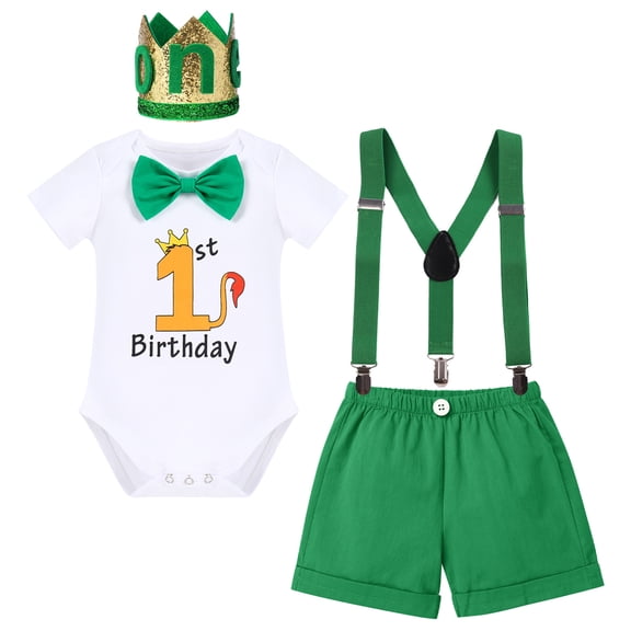 IBTOM CASTLE Baby Boys First 1st Birthday Outfit Bow Tie Romper Short Pants and Suspenders & Headband Clothes Set, 4-Piece, 12 Months
