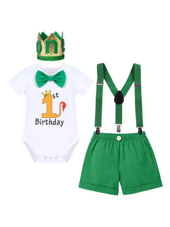 Baby Boys First 1st Birthday Outfit Bow Tie Romper Short Pants and Suspenders & Headband Clothes Set, 4-Piece, 12 Months