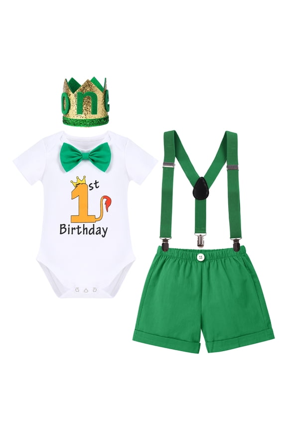 Baby Boys First 1st Birthday Outfit Bow Tie Romper Short Pants and Suspenders & Headband Clothes Set, 4-Piece, 12 Months
