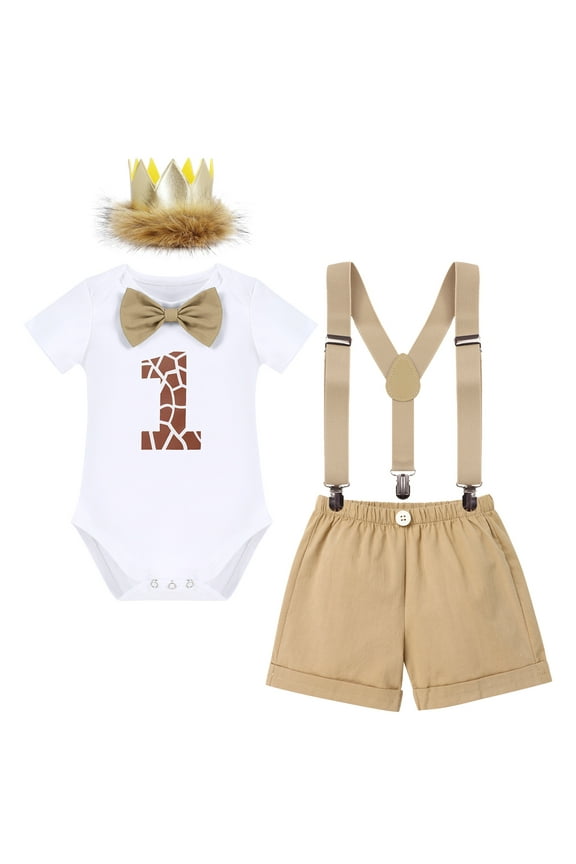 Baby Boys First 1st Birthday Outfit Bow Tie Romper Short Pants and Suspenders & Headband Clothes Set, 4-Piece, 12 Months
