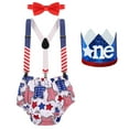 thumbnail image 1 of IBTOM CASTLE Baby Boys First Birthday Outfit Jungle Wild ONE Diaper Cover Pants + Suspenders + Bow Tie + Headband Cake Smash Clothes Set for Photo Shoot 3-24 Months Blue - Independence Day, 1 of 8