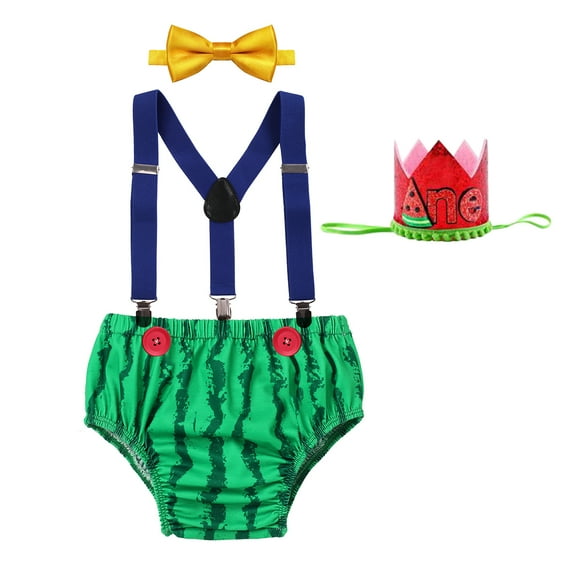 IBTOM CASTLE Baby Boys First Birthday Outfit Jungle Wild ONE Diaper Cover Pants + Suspenders + Bow Tie + Headband Cake Smash Clothes Set for Photo Shoot 3-24 Months Green - Watermelon