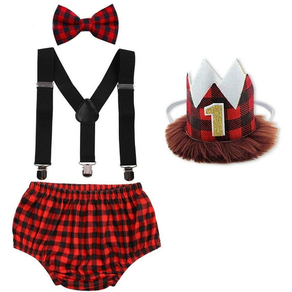IBTOM CASTLE Baby Boys First Birthday Outfit Jungle Wild ONE Diaper Cover Pants + Suspenders + Bow Tie + Headband Cake Smash Clothes Set for Photo Shoot 3-24 Months Red Plaid