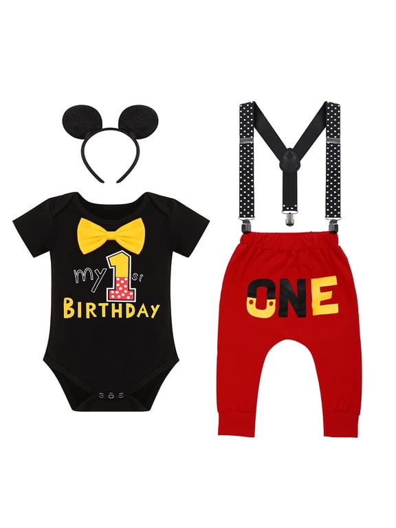 Baby Boys First Birthday Outfits Suspenders Bloomers Bowtie Mouse Ear Cake Smash Photography Props, 4-Piece 12-18 Months Black-My 1st Birthday
