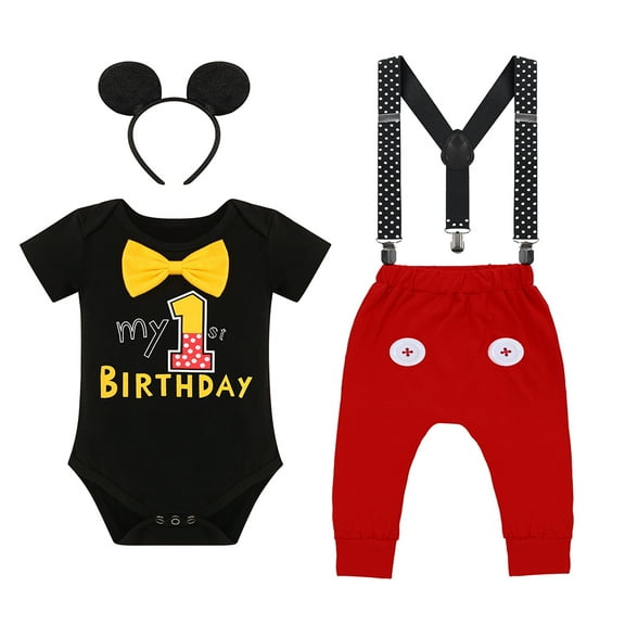 IBTOM CASTLE Baby Boys First Birthday Outfits Suspenders Bloomers Bowtie Mouse Ear Cake Smash Photography Props, 4-Piece 12-18 Months Black-Red Buttons