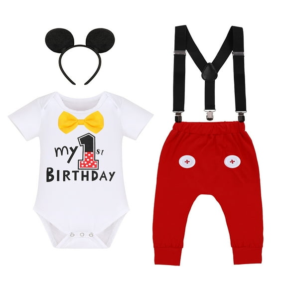 IBTOM CASTLE Baby Boys First Birthday Outfits Suspenders Bloomers Bowtie Mouse Ear Cake Smash Photography Props, 4-Piece 12-18 Months White-Red Buttons