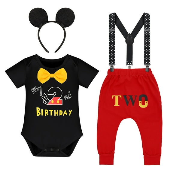 IBTOM CASTLE Baby Boys First Birthday Outfits Suspenders Bloomers Bowtie Mouse Ear Cake Smash Photography Props, 4-Piece 18-24 Months Black-My 2nd Birthday
