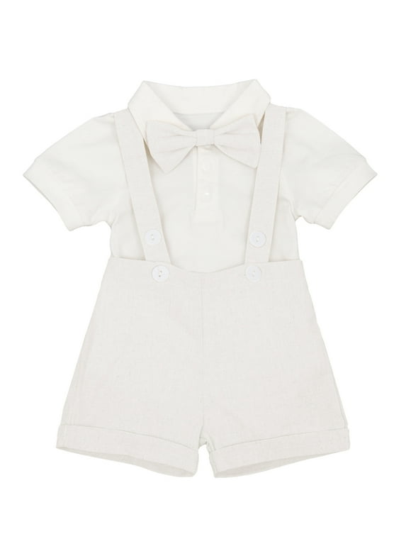 Baby Boys 1st Birthday Formal Suit Gentleman Wedding Tuxedo Outfits Bowtie Romper Suspenders Short Pants Baptism Christening Clothes Cake Smash 6-12 Months White