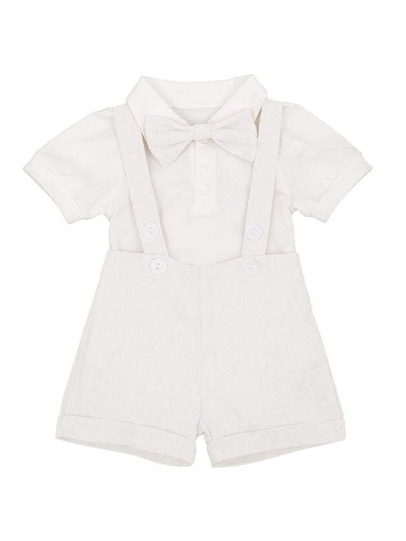 Baby Boys 1st Birthday Formal Suit Gentleman Wedding Tuxedo Outfits Bowtie Romper Suspenders Short Pants Baptism Christening Clothes Cake Smash 0-6 Months White
