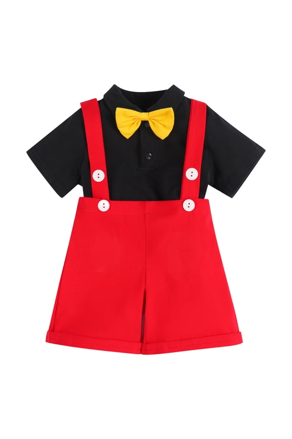 Baby Boys Gentleman First Birthday Cake Smash Cartoon Mouse Outfit Formal Suit Romper+Bow Tie+Suspenders Bib Pants Clothes, 3-Piece