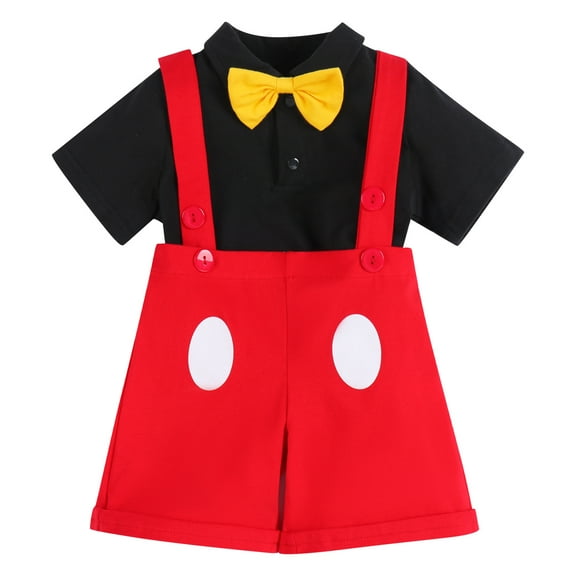 IBTOM CASTLE Baby Boys Gentleman First Birthday Cake Smash Cartoon Mouse Outfit Formal Suit Romper Bow Tie Suspenders Bib Pants Clothes, 3-Piece