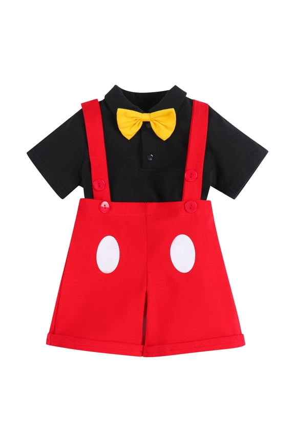 Baby Boys Gentleman First Birthday Cake Smash Cartoon Mouse Outfit Formal Suit Romper+Bow Tie+Suspenders Bib Pants Clothes, 3-Piece