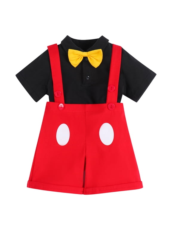 Baby Boys Gentleman First Birthday Cake Smash Cartoon Mouse Outfit Formal Suit Romper+Bow Tie+Suspenders Bib Pants Clothes, 3-Piece