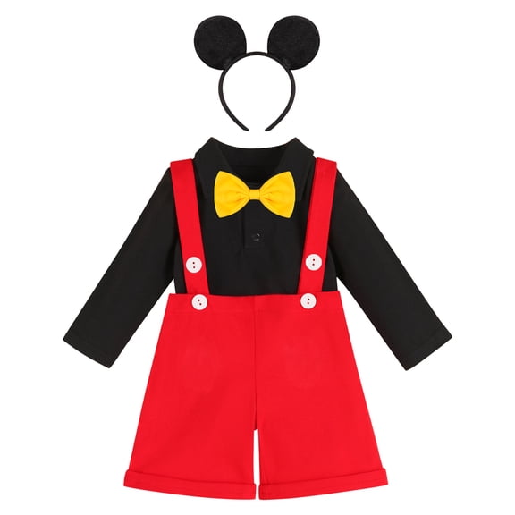 IBTOM CASTLE Baby Boys Gentleman First Birthday Cake Smash Outfit Bowtie Romper Suspenders Short Pants Mouse Ears Headband 12-18 Months Red Black-Long Sleeve Buttons