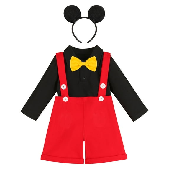 IBTOM CASTLE Baby Boys Gentleman First Birthday Cake Smash Outfit Bowtie Romper+Suspenders Short Pants+Mouse Ears Headband 18-24 Months Red+Black-Long Sleeve Buttons