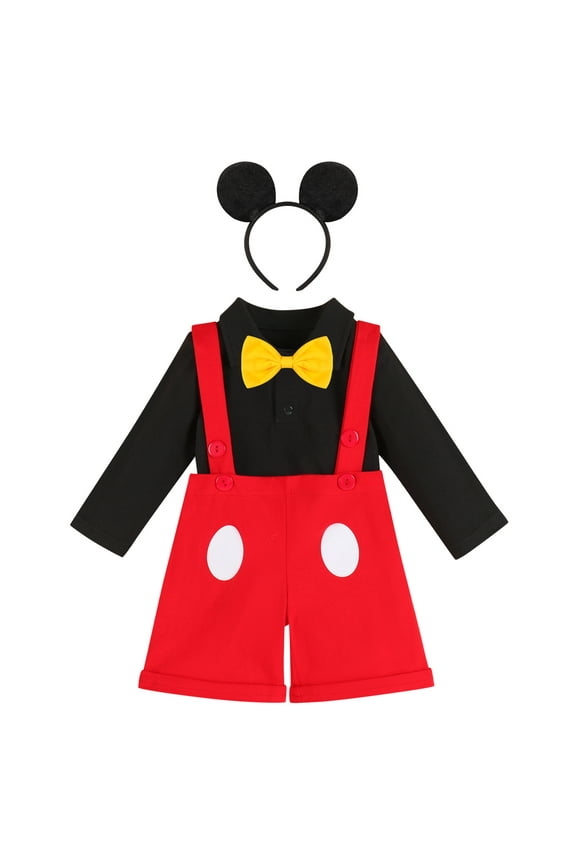Baby Boys Gentleman First Birthday Cake Smash Outfit Bowtie Romper+Suspenders Short Pants+Mouse Ears Headband 18-24 Months Red+Black-Long Sleeve