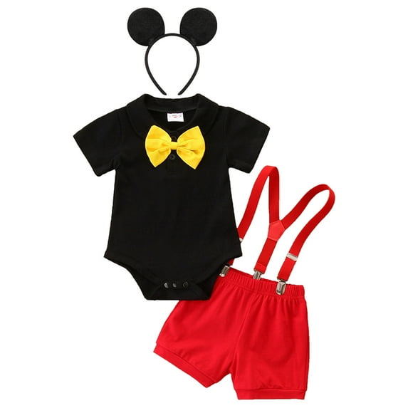 IBTOM CASTLE Baby Boys Gentleman First Birthday Cake Smash Outfit Bowtie Romper+Suspenders Short Pants+Mouse Ears Headband 9-12 Months Yellow-Red