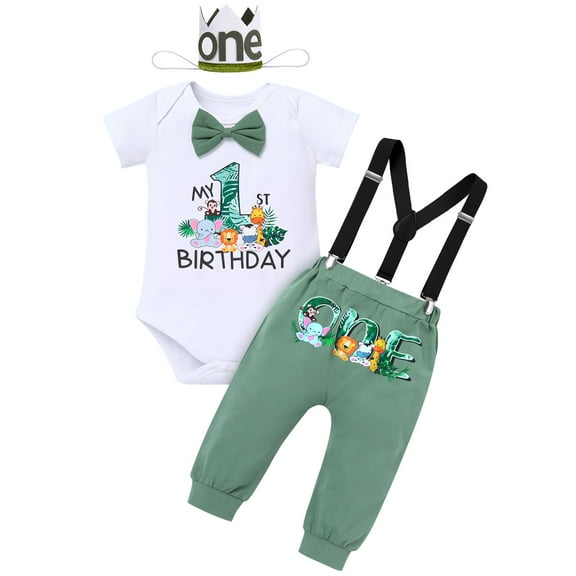 IBTOM CASTLE Baby Boys Jungle Theme My 1st Birthday Outfit Romper+Pants+Suspenders+Headband 4Pcs Photoshoot Cake Smash Outfit 12-18 Months Light Green