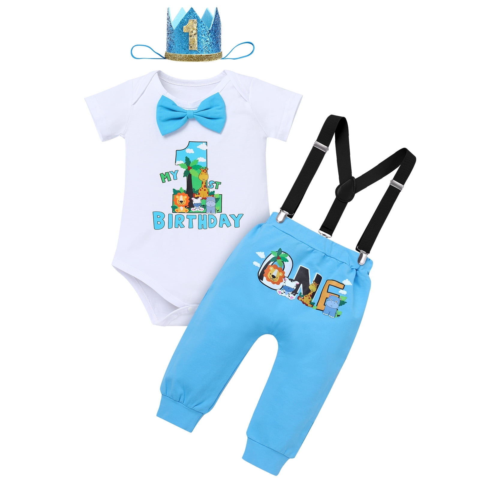 Baby Boy Jungle Safari Outfit Set - 3 Piece Cake Smash Birthday Clothes (T-Shirt, Overalls, Hat)