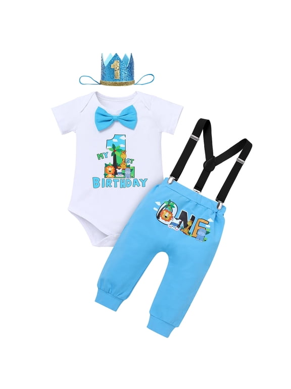Baby Boys Jungle Theme My 1st Birthday Outfit Romper+Pants+Suspenders+Headband 4Pcs Photoshoot Cake Smash Outfit 12-18 Months Blue