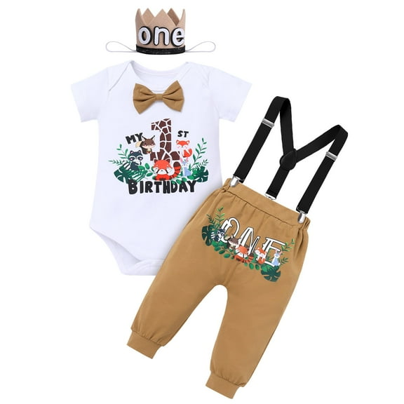IBTOM CASTLE Baby Boys Jungle Theme My 1st Birthday Outfit Romper Pants Suspenders Headband 4Pcs Photoshoot Cake Smash Outfit 12-18 Months Khaki