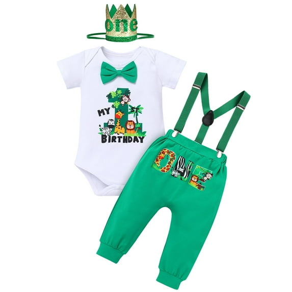IBTOM CASTLE Baby Boys Jungle Theme My 1st Birthday Outfit Romper+Pants+Suspenders+Headband 4Pcs Photoshoot Cake Smash Outfit 6-12 Months Green