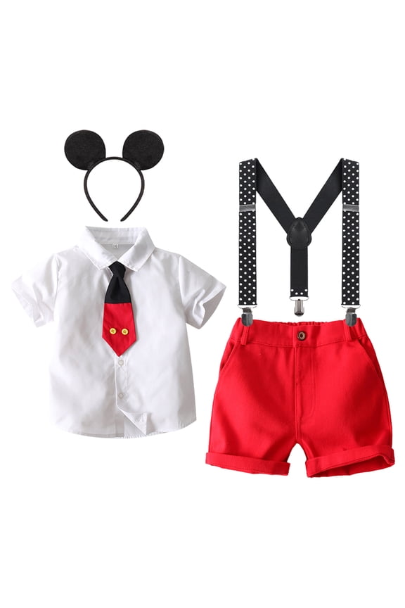 Toddler Little Boys Mouse Cosplay Costume Gentleman Necktie Shirt+Suspender+Short Pants+Headband 4pcs Birthday Outfit 6-7 Years White