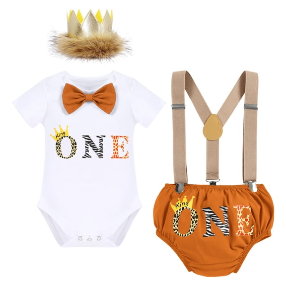 IBTOM CASTLE Infant Baby Boys Wild One First Birthday Outfit Bowtie Romper Suspenders Pants Headband Cake Smash Clothes Set, 4-Piece