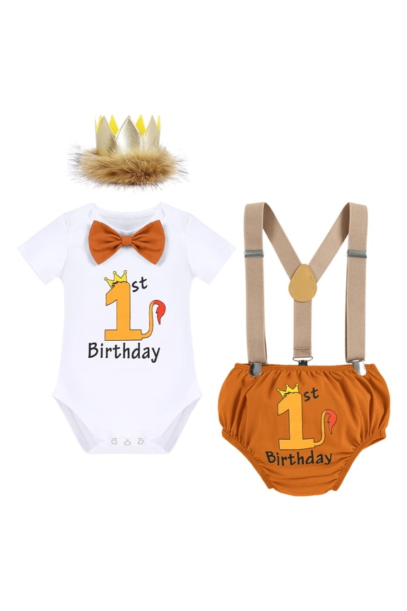 Infant Baby Boys Wild One First Birthday Outfit Bowtie Romper+Suspenders+Pants+Headband Cake Smash Clothes Set, 4-Piece