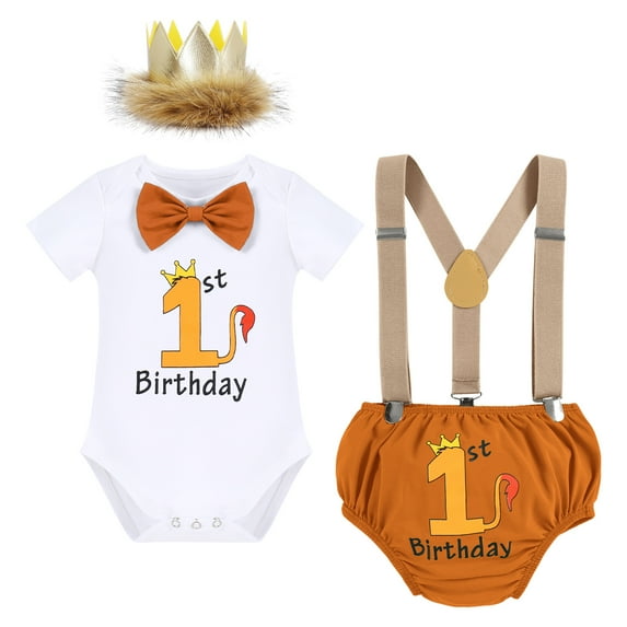 IBTOM CASTLE Infant Baby Boys Wild One First Birthday Outfit Bowtie Romper+Suspenders+Pants+Headband Cake Smash Clothes Set, 4-Piece