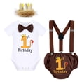 thumbnail image 1 of IBTOM CASTLE Infant Baby Boys Wild One First Birthday Outfit Bowtie Romper+Suspenders+Pants+Headband Cake Smash Clothes Set, 4-Piece, 1 of 11