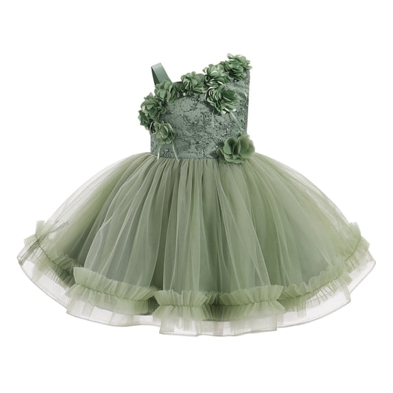IBTOM CASTLE Baby Flower Girl One Shoulder Formal Wedding Dress 1st 2nd Birthday Cake Smash Outfits Toddler Prom Pageant Ball Gown 5-6 Years Green