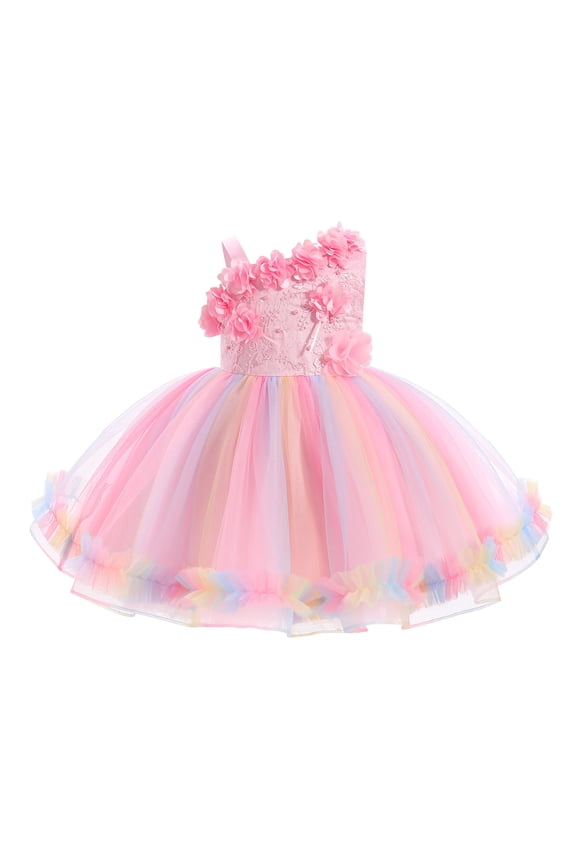 Baby Flower Girl One Shoulder Formal Wedding Dress 1st 2nd Birthday Cake Smash Outfits Toddler Prom Pageant Ball Gown 7-8 Years Rainbow powder