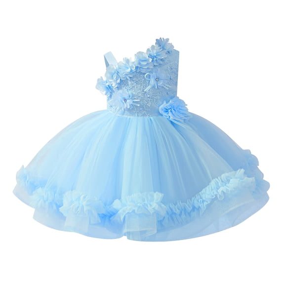 IBTOM CASTLE Baby Flower Girl One Shoulder Formal Wedding Dress 1st 2nd Birthday Cake Smash Outfits Toddler Prom Pageant Ball Gown 9-12 Months Blue