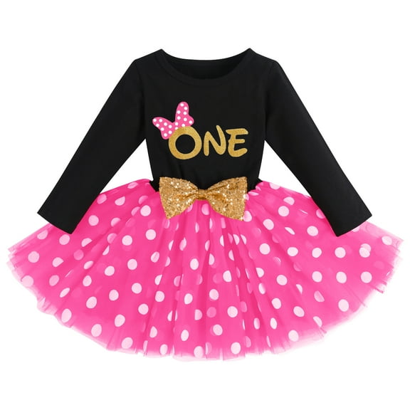 IBTOM CASTLE Baby Girl 1st 2nd 3rd Birthday Outfit Mouse Dress Polka Dots Tutu Skirt Cake Smash Long Sleeve Clothes for Photo Shoot 1 Year Black Hot Pink Dots