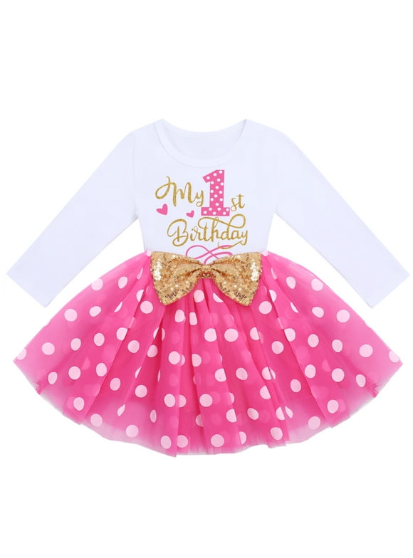 Baby Girl 1st 2nd 3rd Birthday Outfit Mouse Dress Polka Dots Tutu Skirt Cake Smash Long Sleeve Clothes for Photo Shoot 1 Year Hot Pink Dots