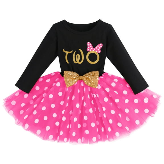 IBTOM CASTLE Baby Girl 1st 2nd 3rd Birthday Outfit Mouse Dress Polka Dots Tutu Skirt Cake Smash Long Sleeve Clothes for Photo Shoot 2 Years Black   Hot Pink Dots