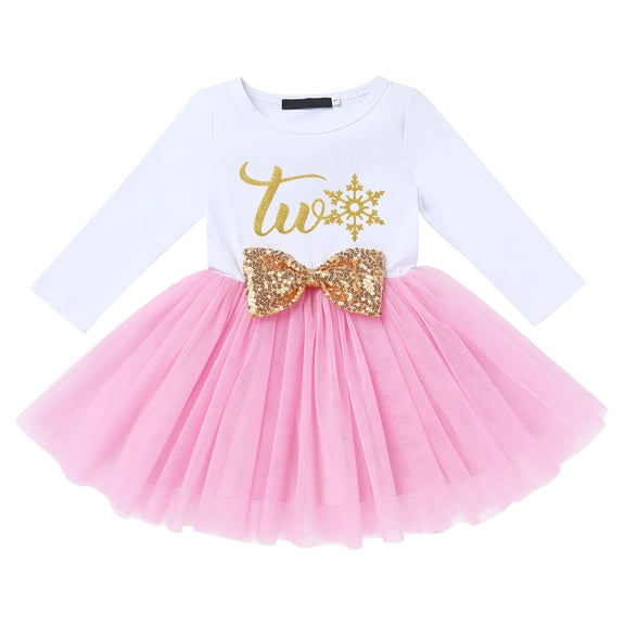 IBTOM CASTLE Baby Girl 1st 2nd 3rd Birthday Outfit Mouse Dress Polka Dots Tutu Skirt Cake Smash Long Sleeve Clothes for Photo Shoot 2 Years Gold + Pink - Snowflake